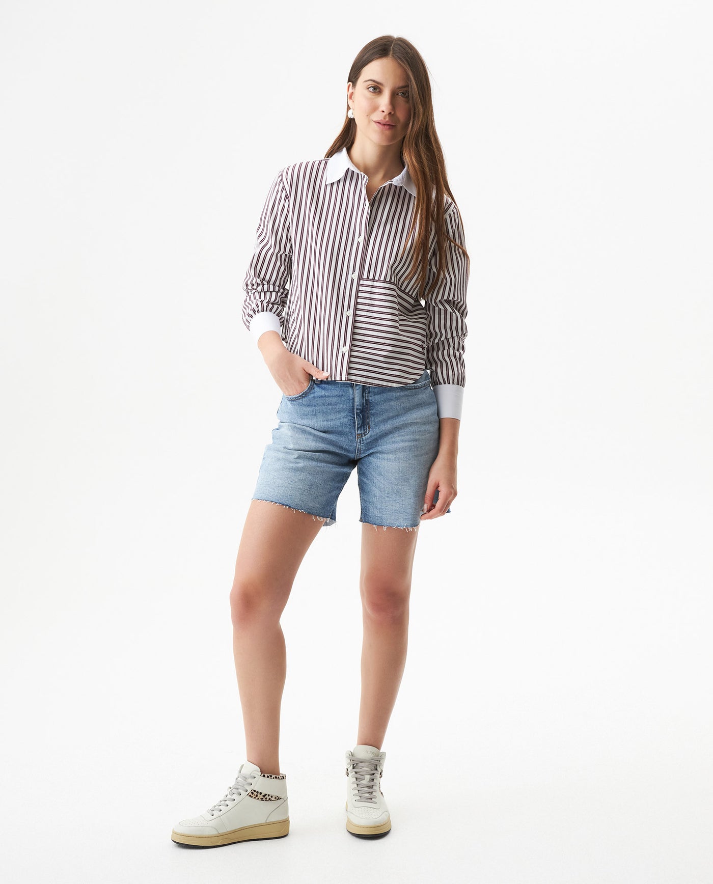 Women's Stripe Detail Cropped Straight Fit Shirt in Cotton Stretch Blend, Dockside - 3