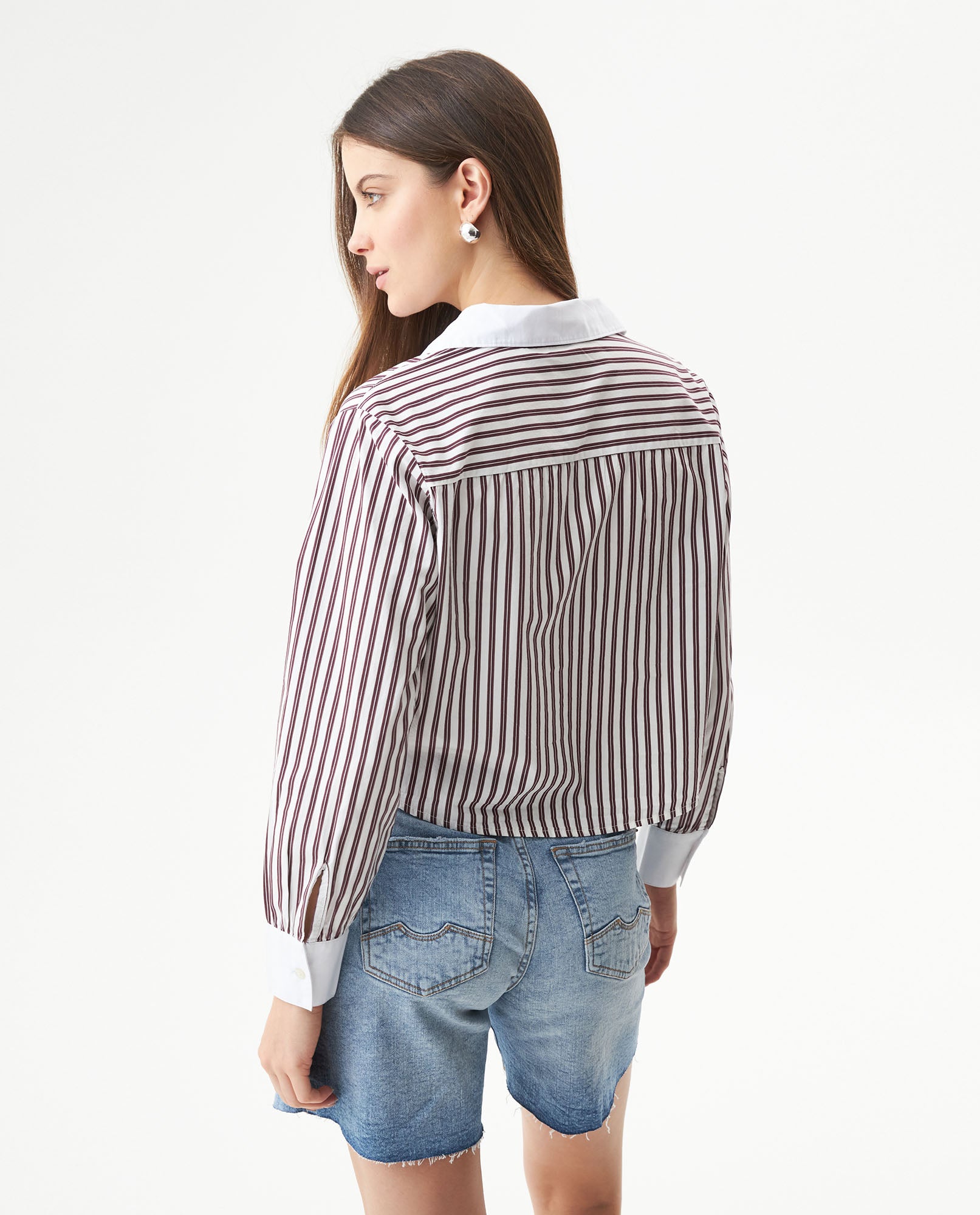 Women's Stripe Detail Cropped Straight Fit Shirt in Cotton Stretch Blend, Dockside - 5