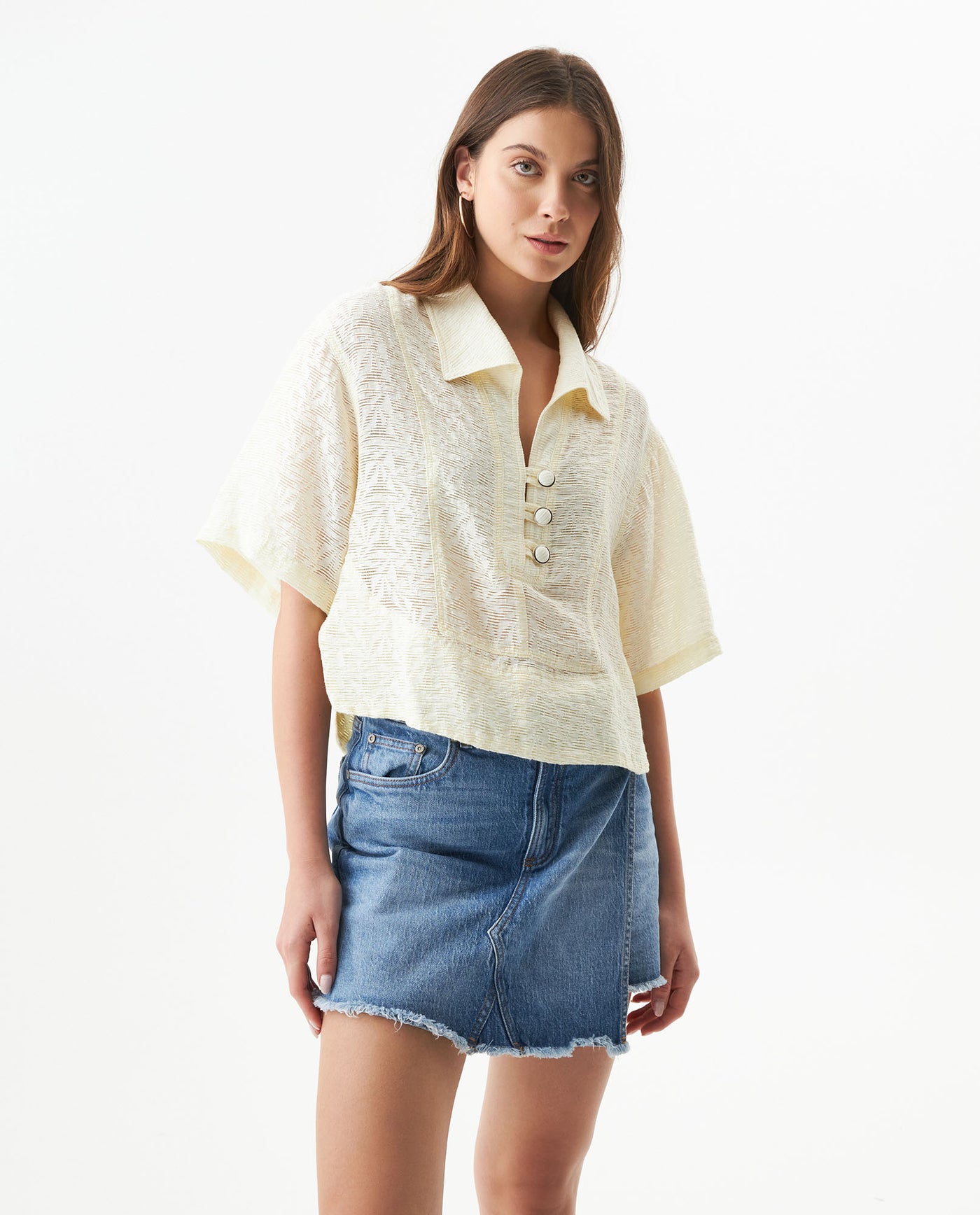 Women's Cut Detail Wide Short Sleeve Shirt in Rayon-Nylon Blend, Maritime - 2