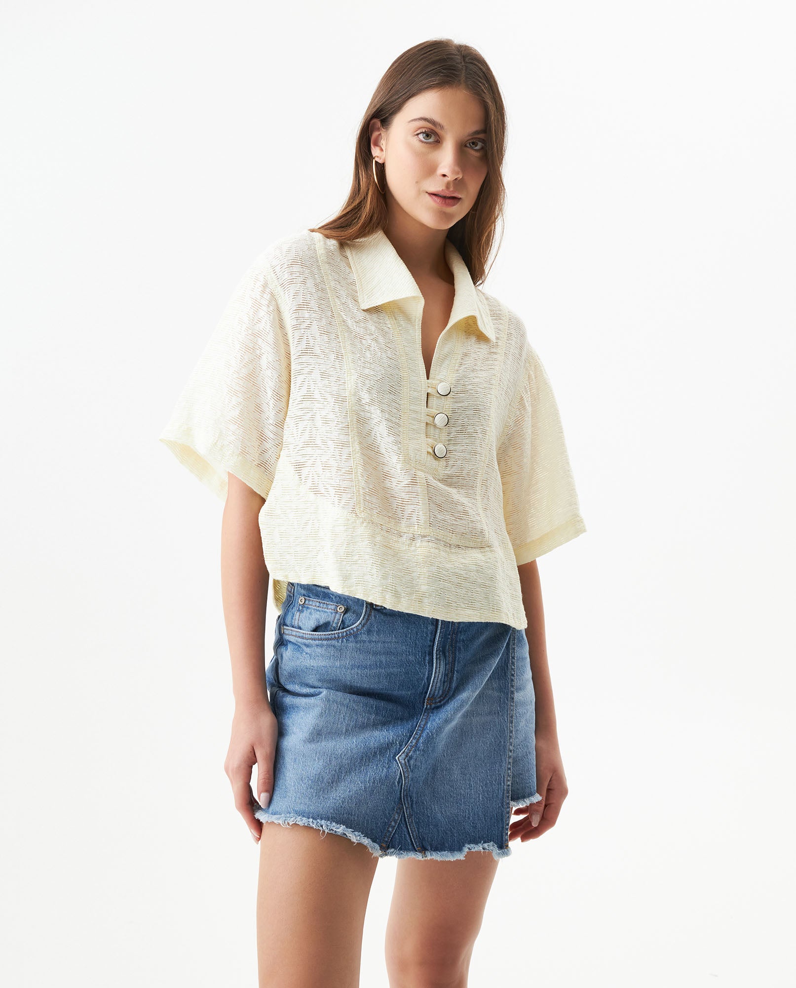 Women's Cut Detail Wide Short Sleeve Shirt in Rayon-Nylon Blend, Maritime - 2