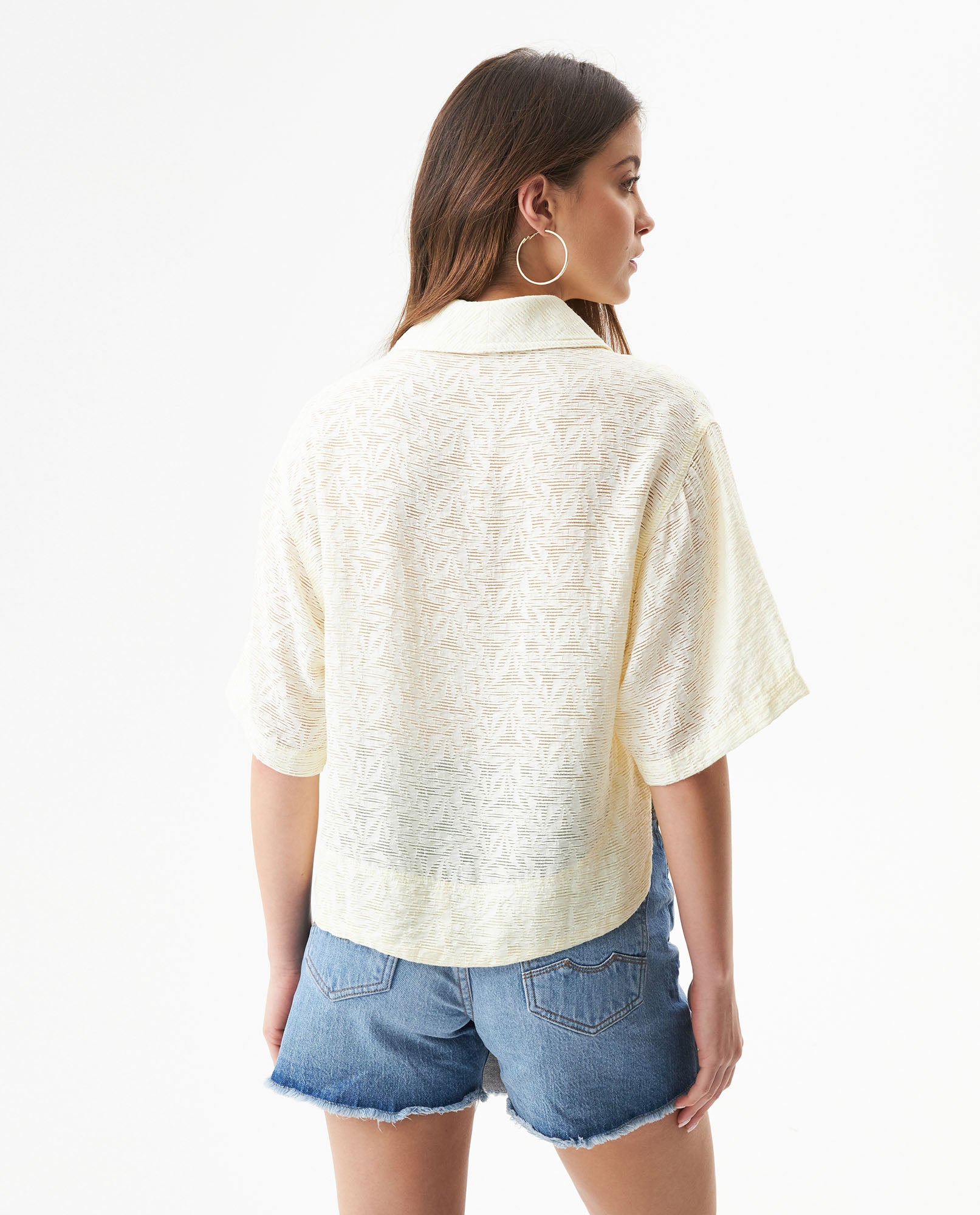 Women's Cut Detail Wide Short Sleeve Shirt in Rayon-Nylon Blend, Maritime - 5