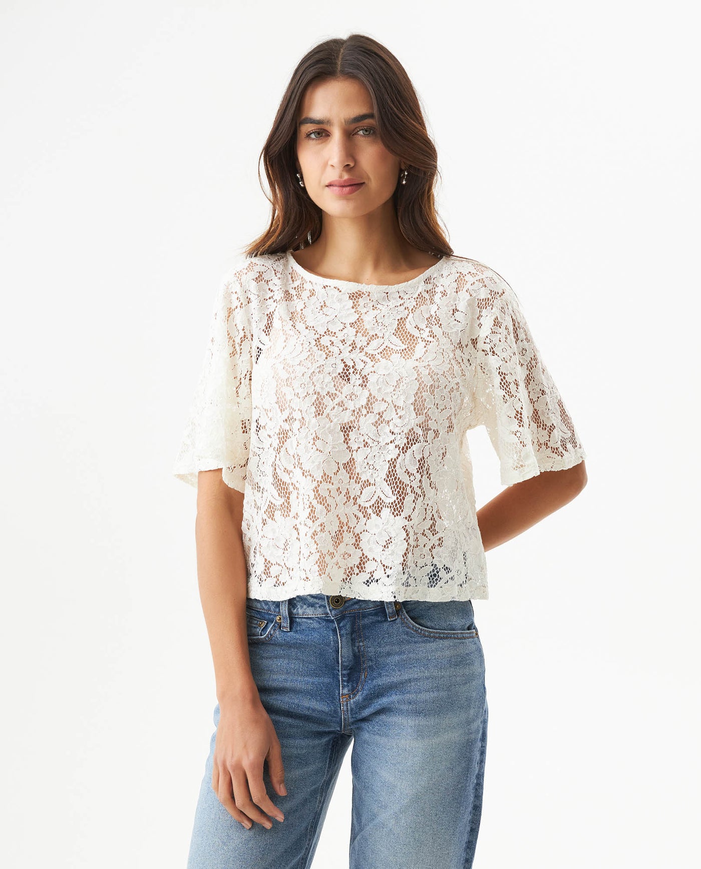 Women's Boxy Cropped Sheer Short Sleeve Blouse in Cotton-Polyamide Blend, Horizon - 2