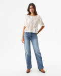 Women's Boxy Cropped Sheer Short Sleeve Blouse in Cotton-Polyamide Blend, Horizon - 3
