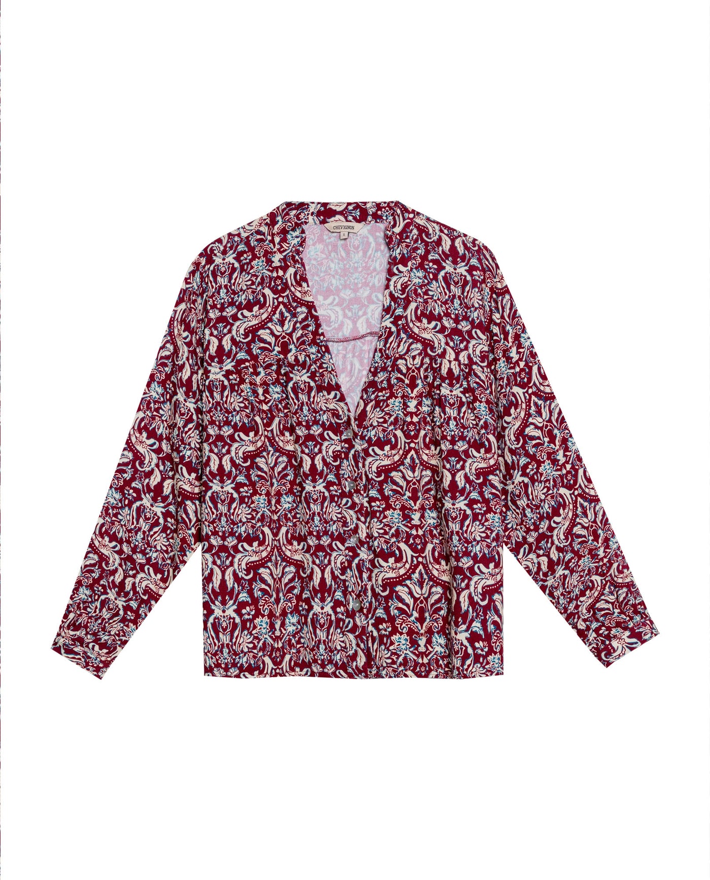 Women's Bohemian Print Wide Mandarin Collar Shirt in Viscose, Harbor - 1
