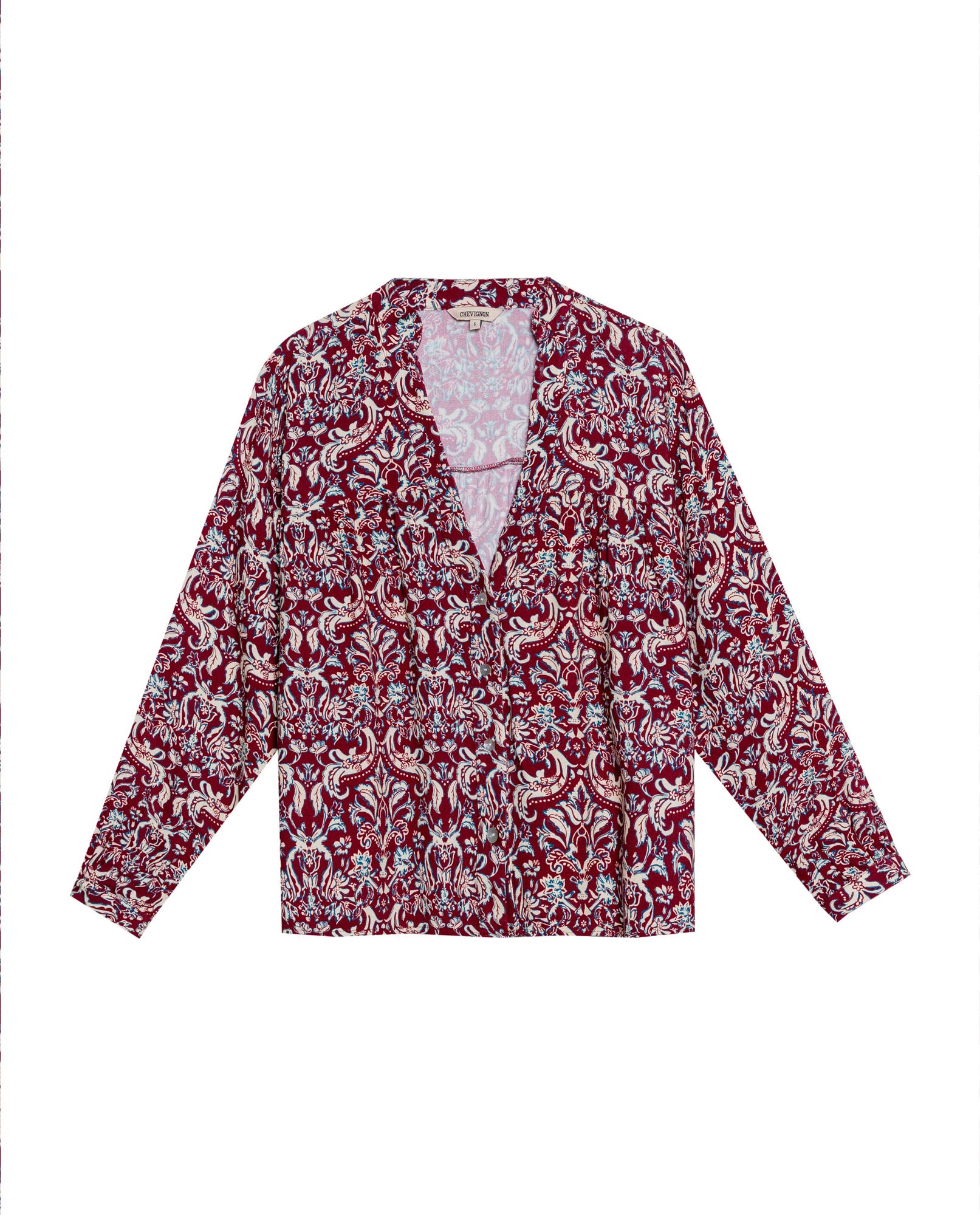 Women's Bohemian Print Wide Mandarin Collar Shirt in Viscose, Harbor - 1