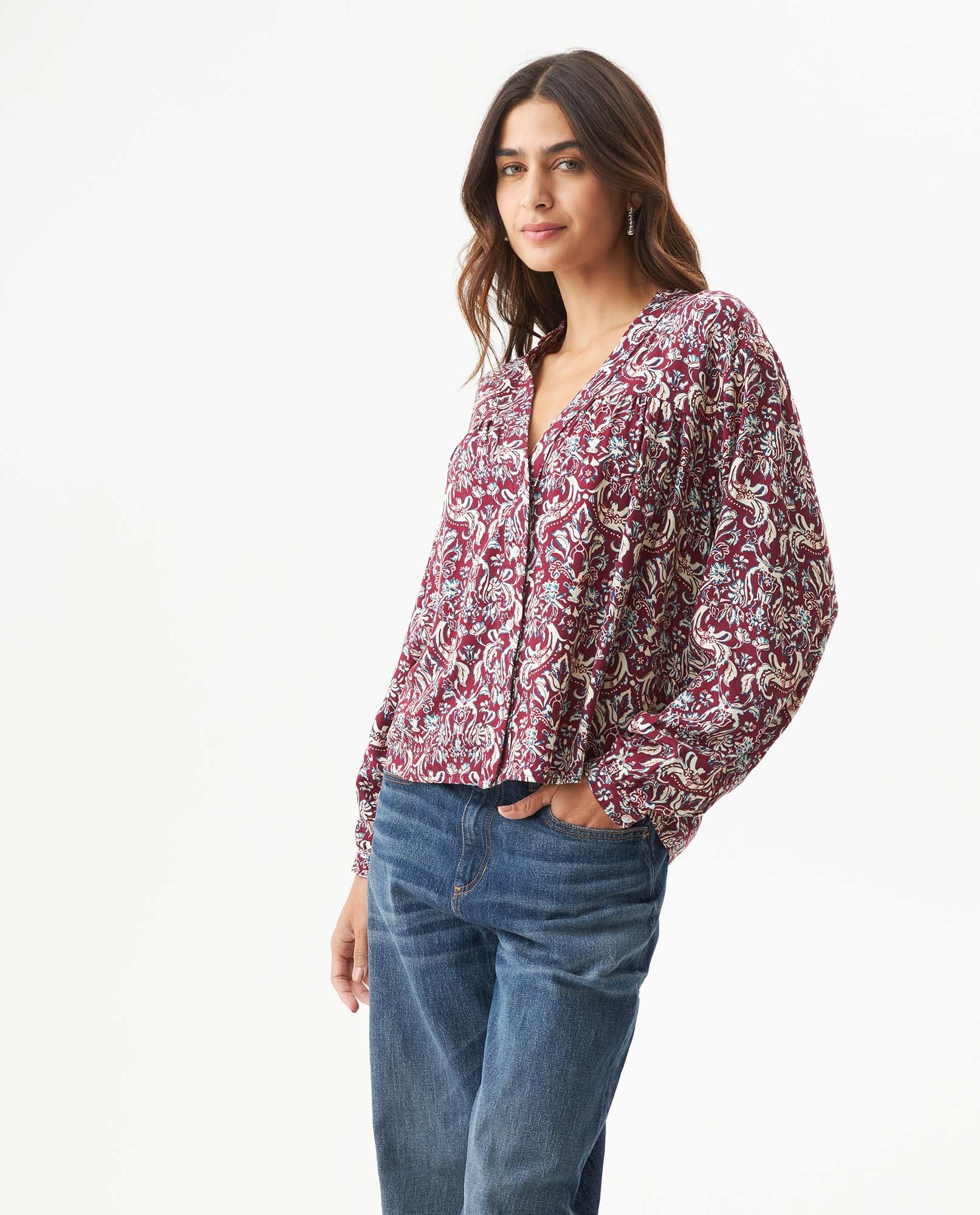 Women's Bohemian Print Wide Mandarin Collar Shirt in Viscose, Harbor - 2
