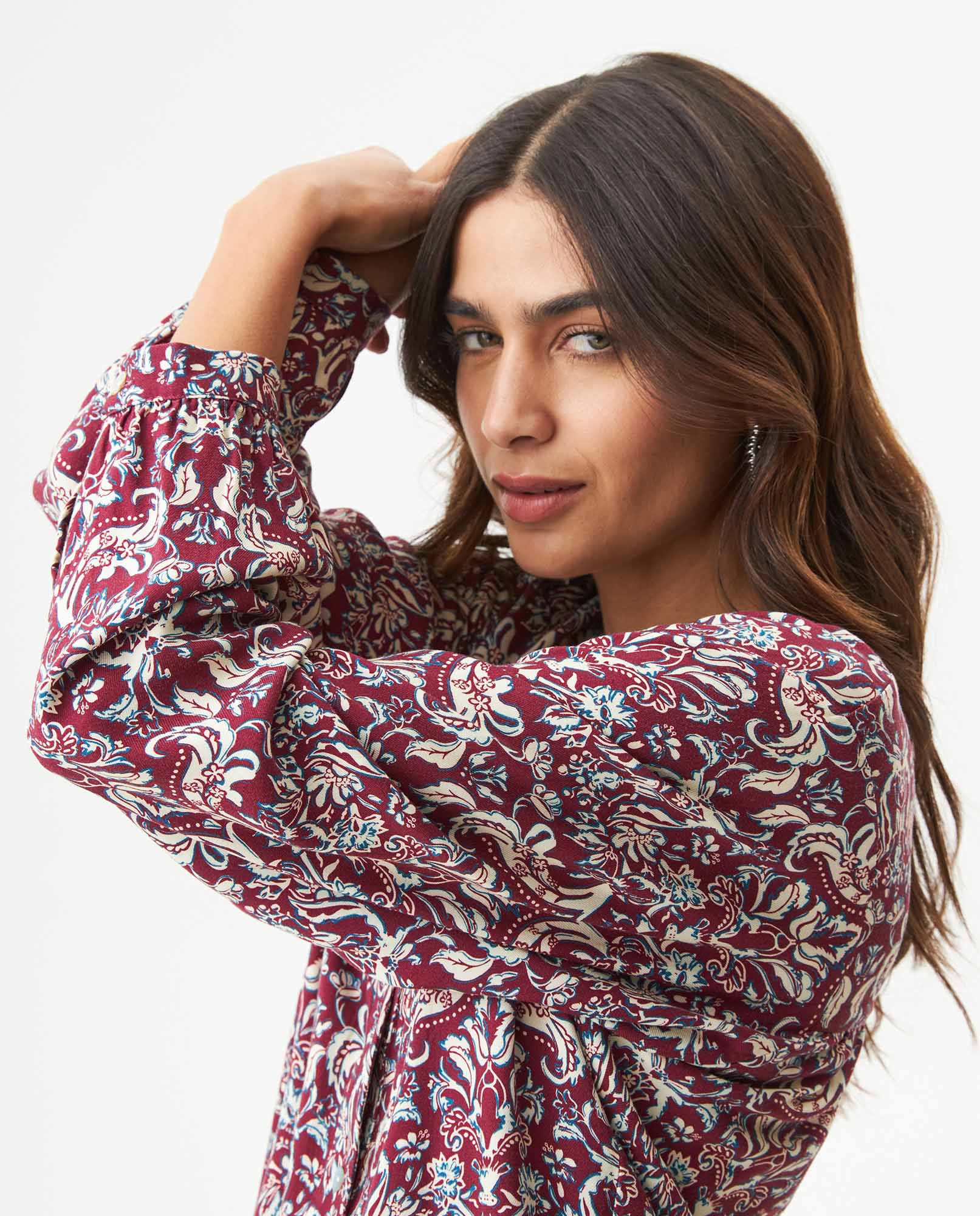 Women's Bohemian Print Wide Mandarin Collar Shirt in Viscose, Harbor - 4