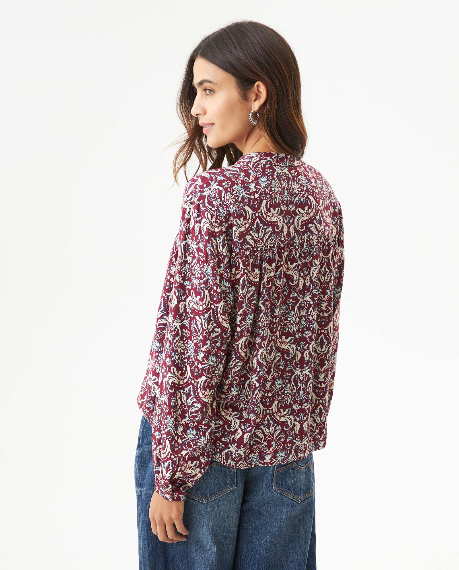 Women's Bohemian Print Wide Mandarin Collar Shirt in Viscose, Harbor - 5