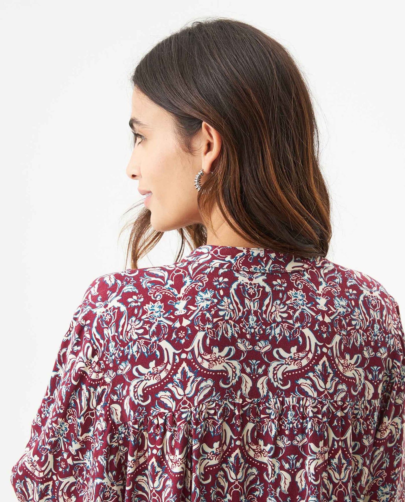 Women's Bohemian Print Wide Mandarin Collar Shirt in Viscose, Harbor - 6
