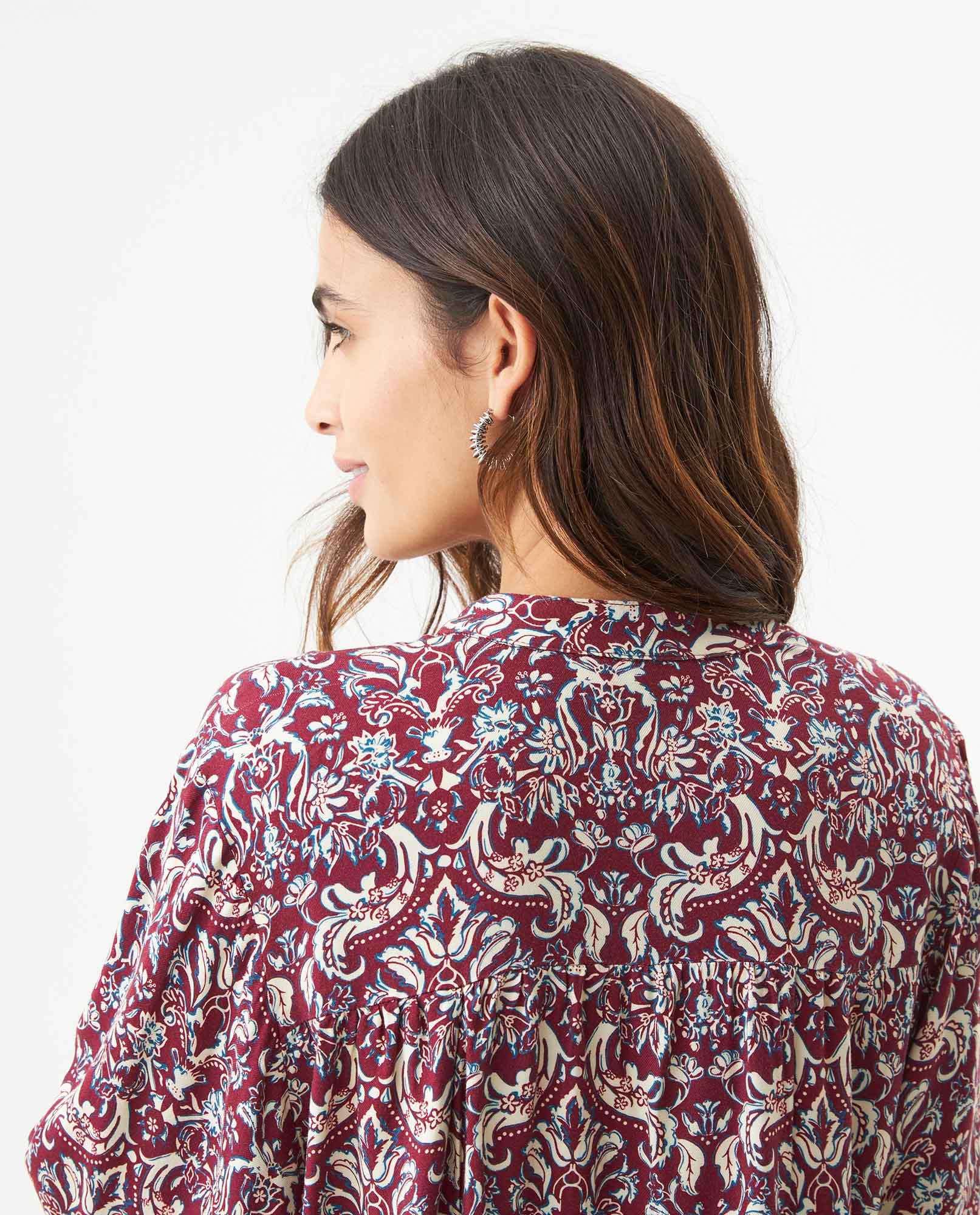 Women's Bohemian Print Wide Mandarin Collar Shirt in Viscose, Harbor - 6