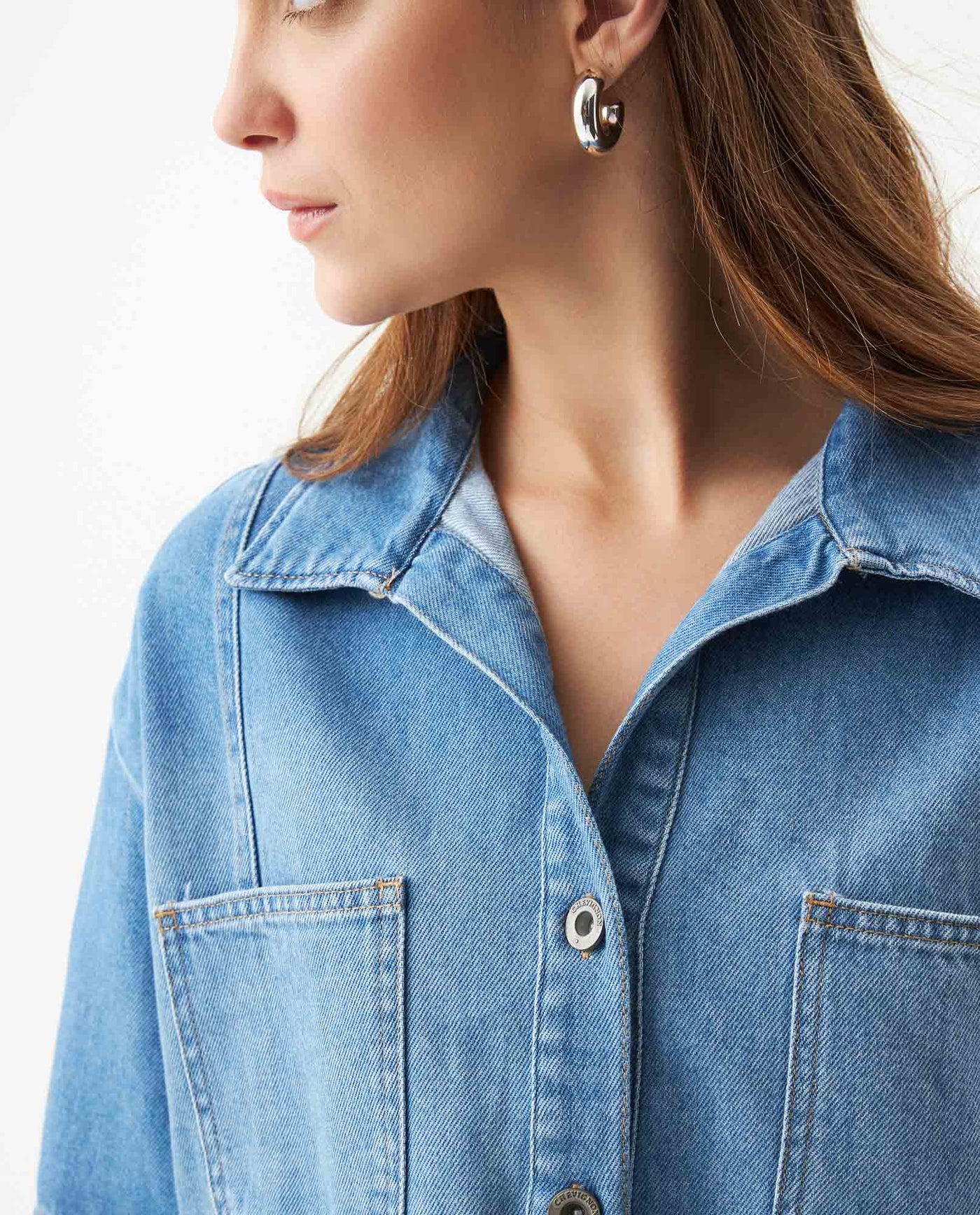 Women's Light Wash Denim Wide Shirt in Cotton, Archor - 4