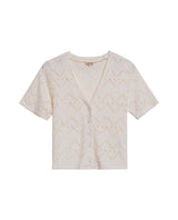 Women's Embroidered V-Neck Short Sleeve Blouse in Polyester Stretch, Stardust - 1
