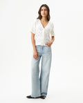 Women's Embroidered V-Neck Short Sleeve Blouse in Polyester Stretch, Stardust - 3