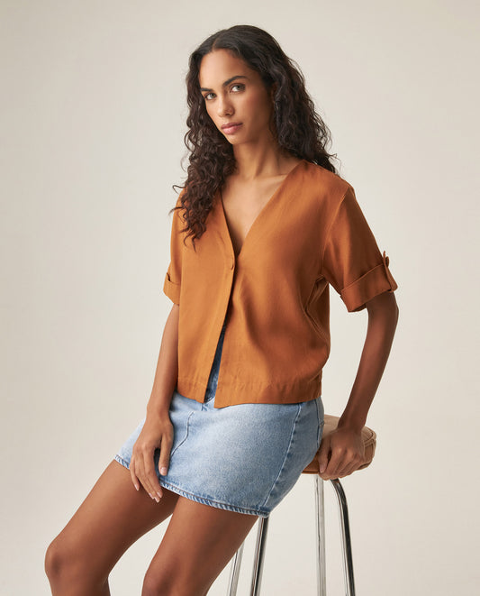 Women´s V-Neck Blouse - Brown 63_719H014_CAF171142_0