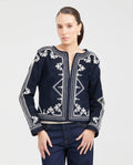Women's Collarless Cropped Bomber Jacket with Cord Embroidery in Cotton-Polyester - 1