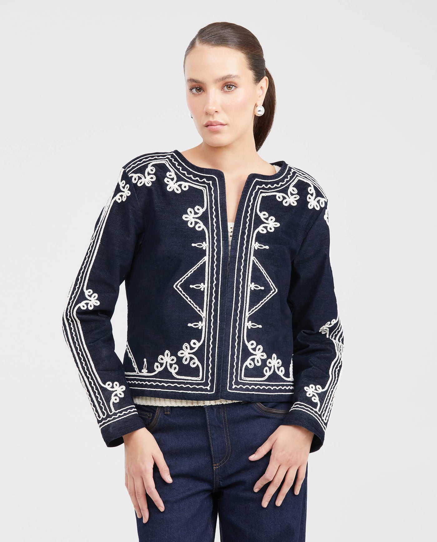 Women's Collarless Cropped Bomber Jacket with Cord Embroidery in Cotton-Polyester - 1