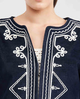 Women's Collarless Cropped Bomber Jacket with Cord Embroidery in Cotton-Polyester - 2