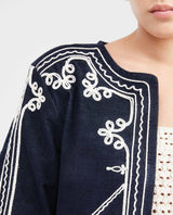 Women's Collarless Cropped Bomber Jacket with Cord Embroidery in Cotton-Polyester - 3
