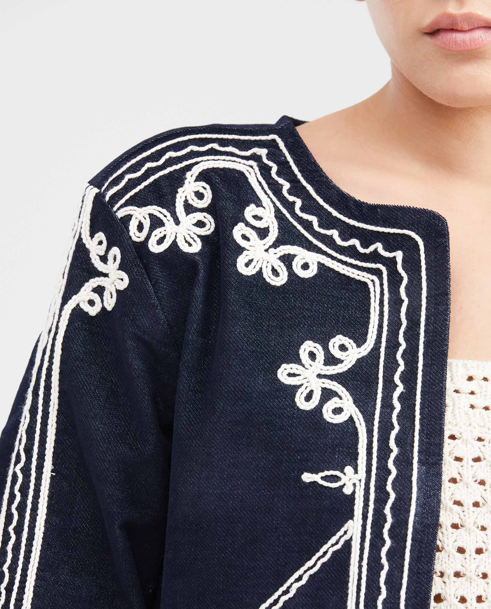 Women's Collarless Cropped Bomber Jacket with Cord Embroidery in Cotton-Polyester - 3