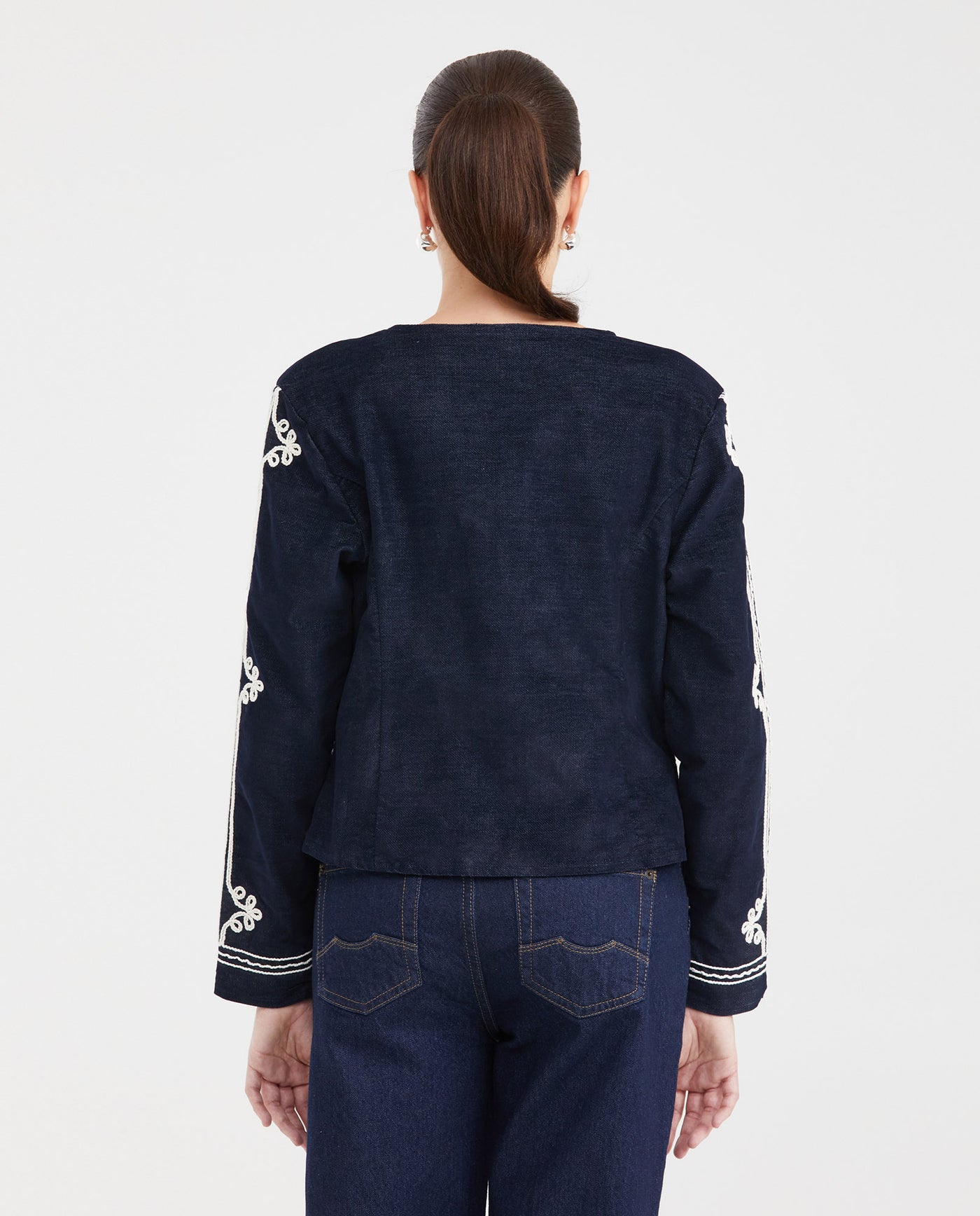 Women's Collarless Cropped Bomber Jacket with Cord Embroidery in Cotton-Polyester - 5