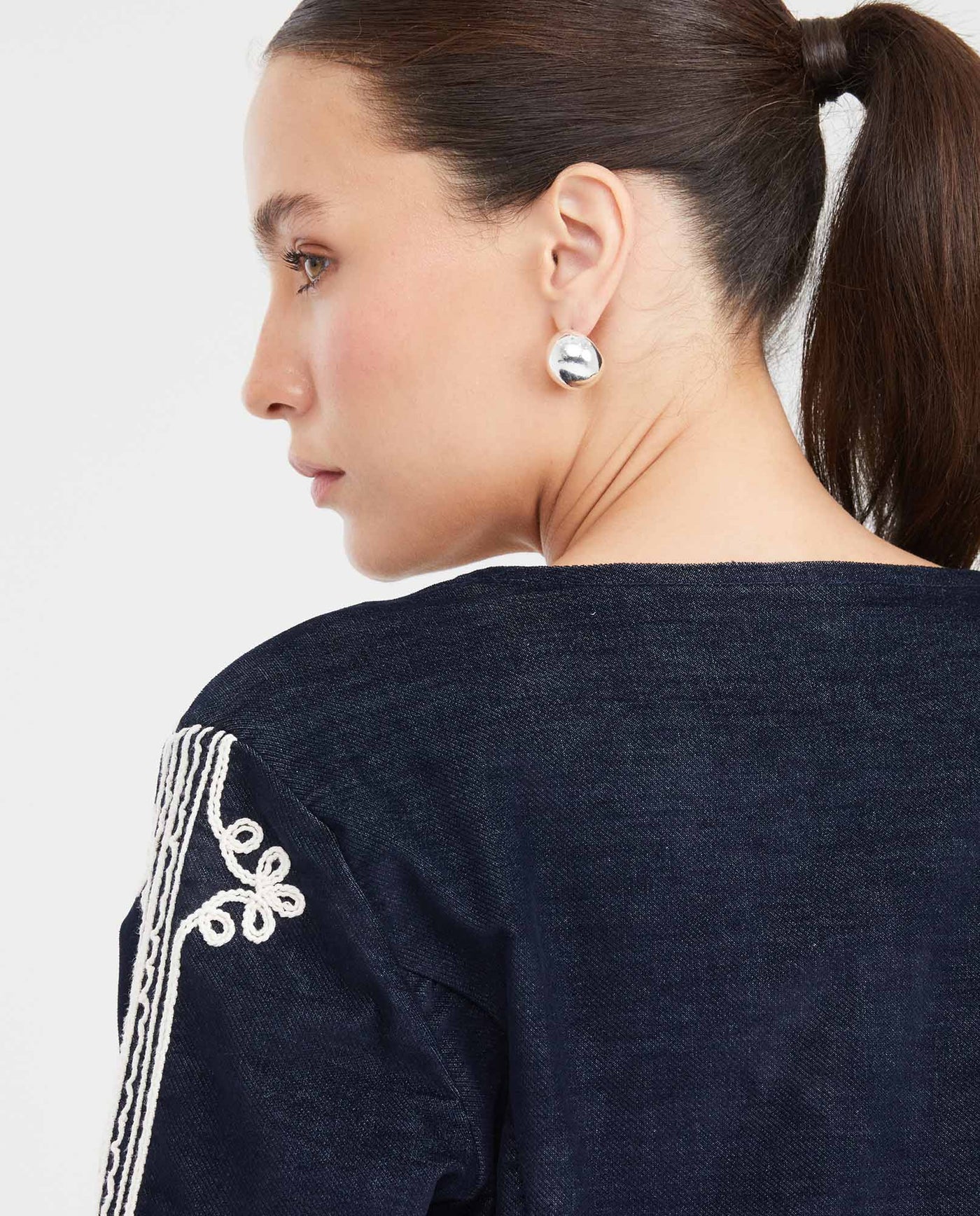 Women's Collarless Cropped Bomber Jacket with Cord Embroidery in Cotton-Polyester - 6