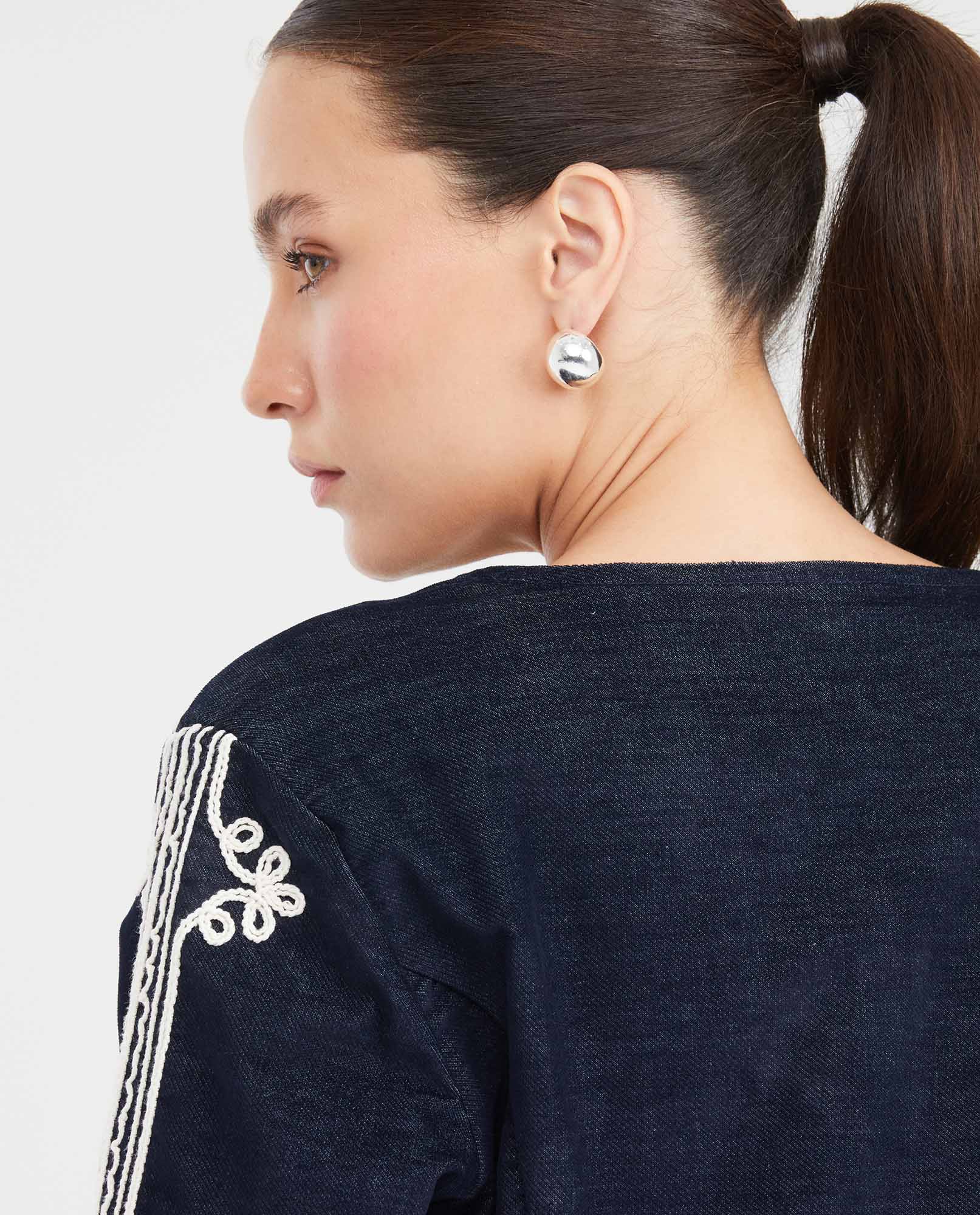 Women's Collarless Cropped Bomber Jacket with Cord Embroidery in Cotton-Polyester - 6
