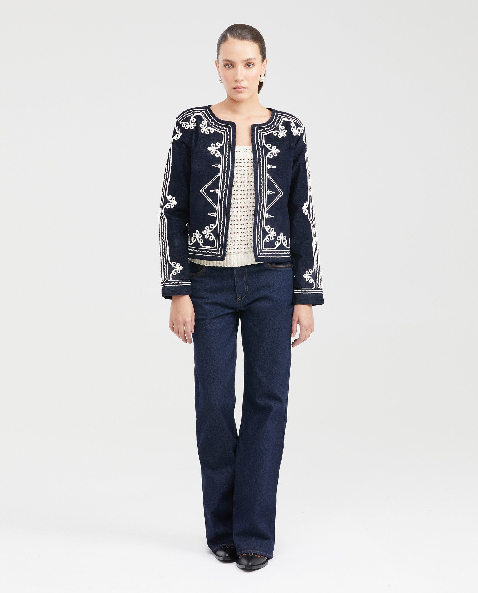 Women's Collarless Cropped Bomber Jacket with Cord Embroidery in Cotton-Polyester - 7