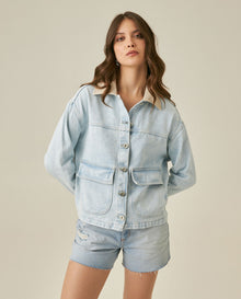 Womens Jacket Trucker Cotton Denim Light Wash Leather Collar - Blue 63_721H002_AZU193923_0