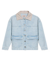 Womens Jacket Trucker Cotton Denim Light Wash Leather Collar - Blue 63_721H002_AZU193923_3