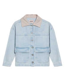 Womens Jacket Trucker Cotton Denim Light Wash Leather Collar - Blue 63_721H002_AZU193923_3