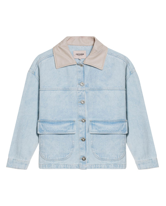 Womens Jacket Trucker Cotton Denim Light Wash Leather Collar - Blue 63_721H002_AZU193923_3