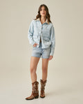Womens Jacket Trucker Cotton Denim Light Wash Leather Collar - Blue 63_721H002_AZU193923_4