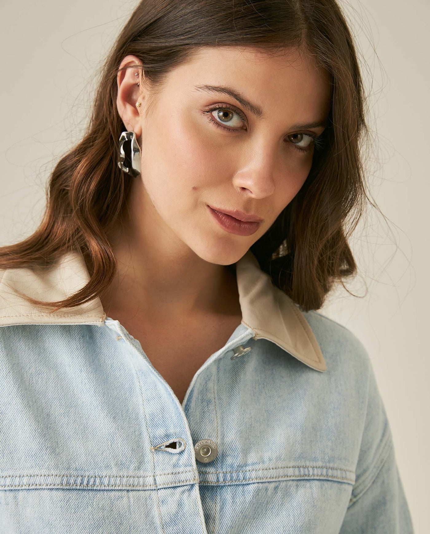 Womens Jacket Trucker Cotton Denim Light Wash Leather Collar - Blue 63_721H002_AZU193923_5