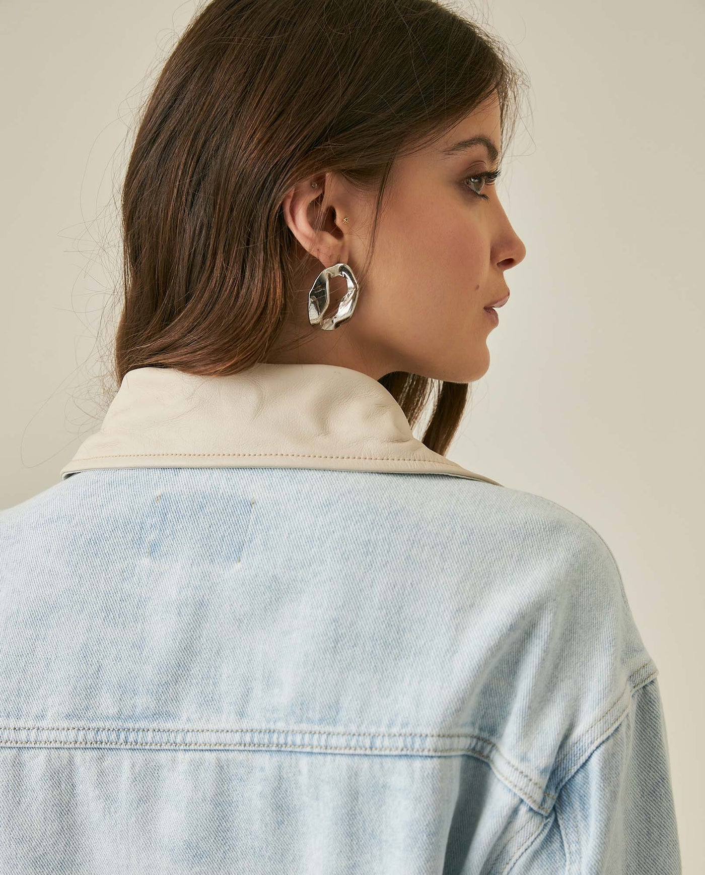 Womens Jacket Trucker Cotton Denim Light Wash Leather Collar - Blue 63_721H002_AZU193923_7