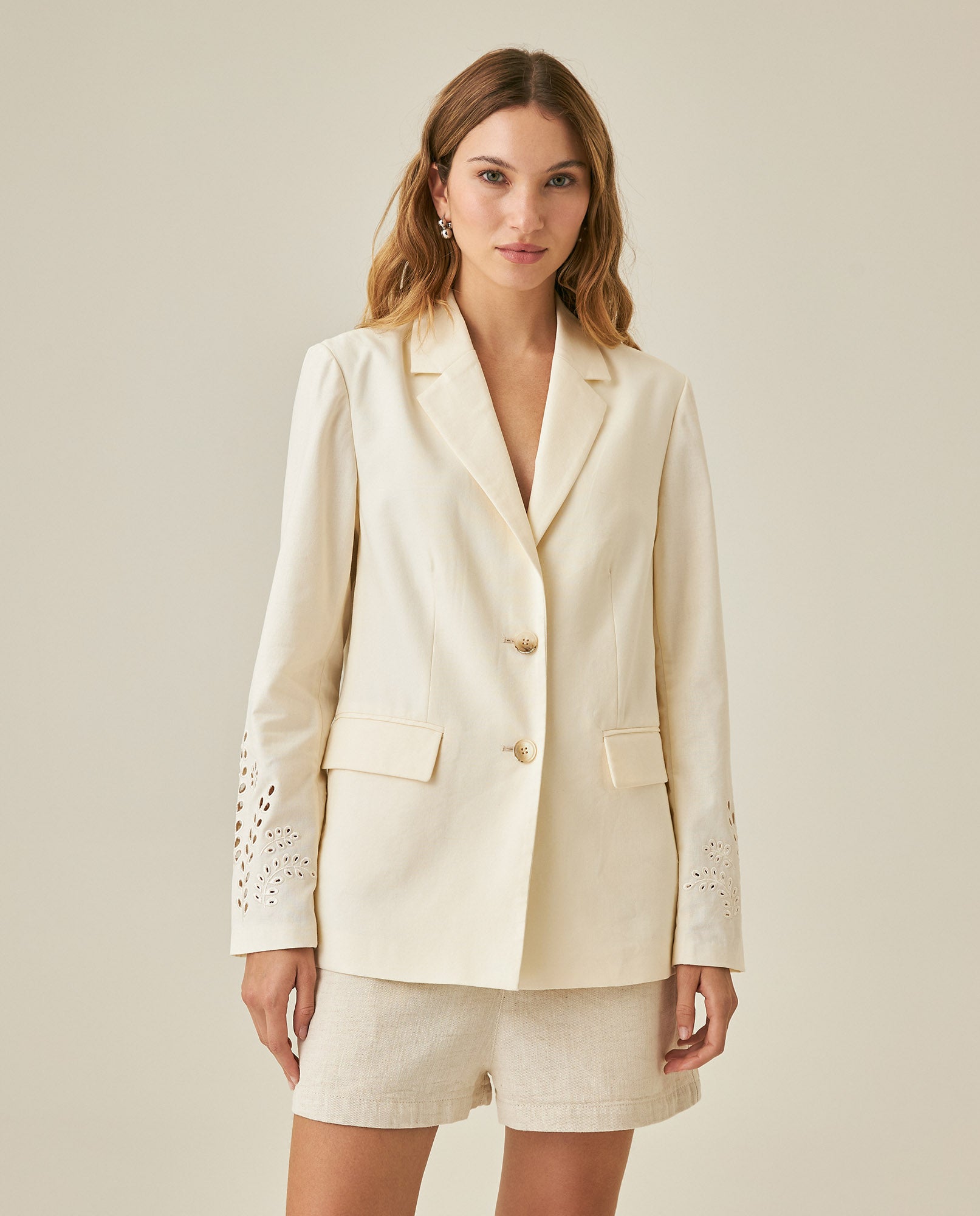 Womens Blazer Cuff Embroidery Linen Blend Flower Sleeve Embroidery - Raw 63_721H003_CRU110103_0