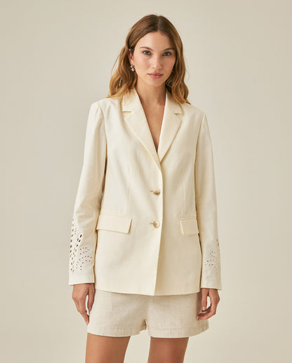 Womens Blazer Cuff Embroidery Linen Blend Flower Sleeve Embroidery - Raw 63_721H003_CRU110103_0