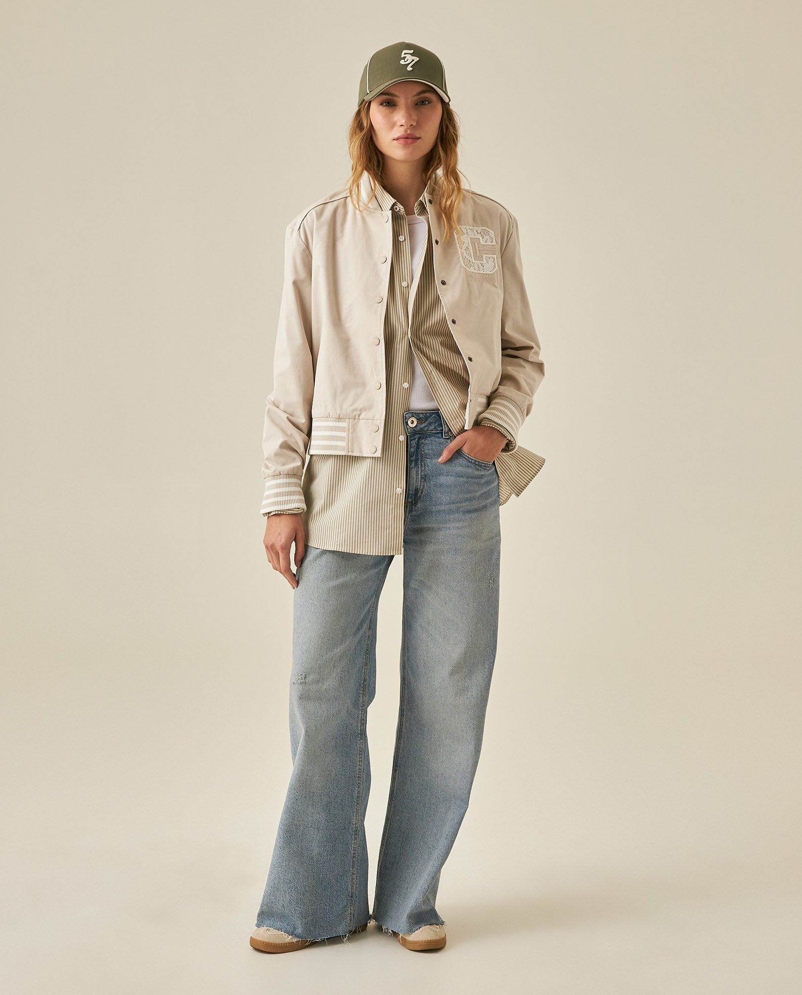 Womens Jacket Lace Embroidery Preppy Look Cotton - Beige 63_721H004_BEI140002_4
