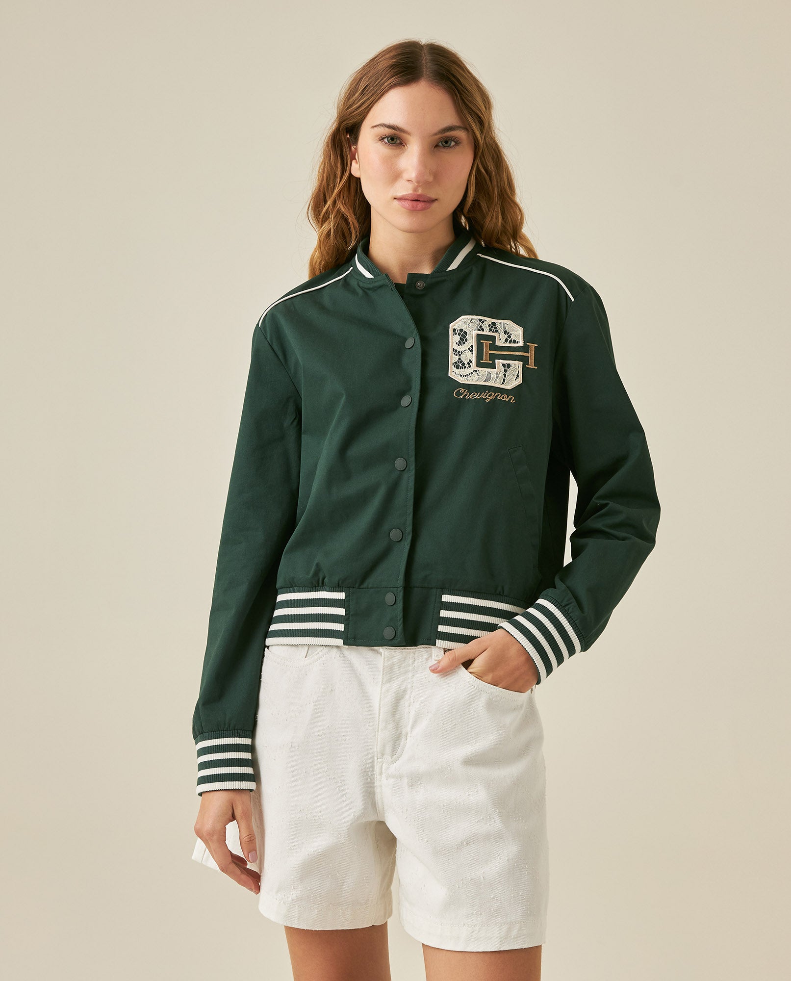 Womens Jacket Lace Embroidery Preppy Look Cotton - Dark Green 63_721H004_VER195406_0