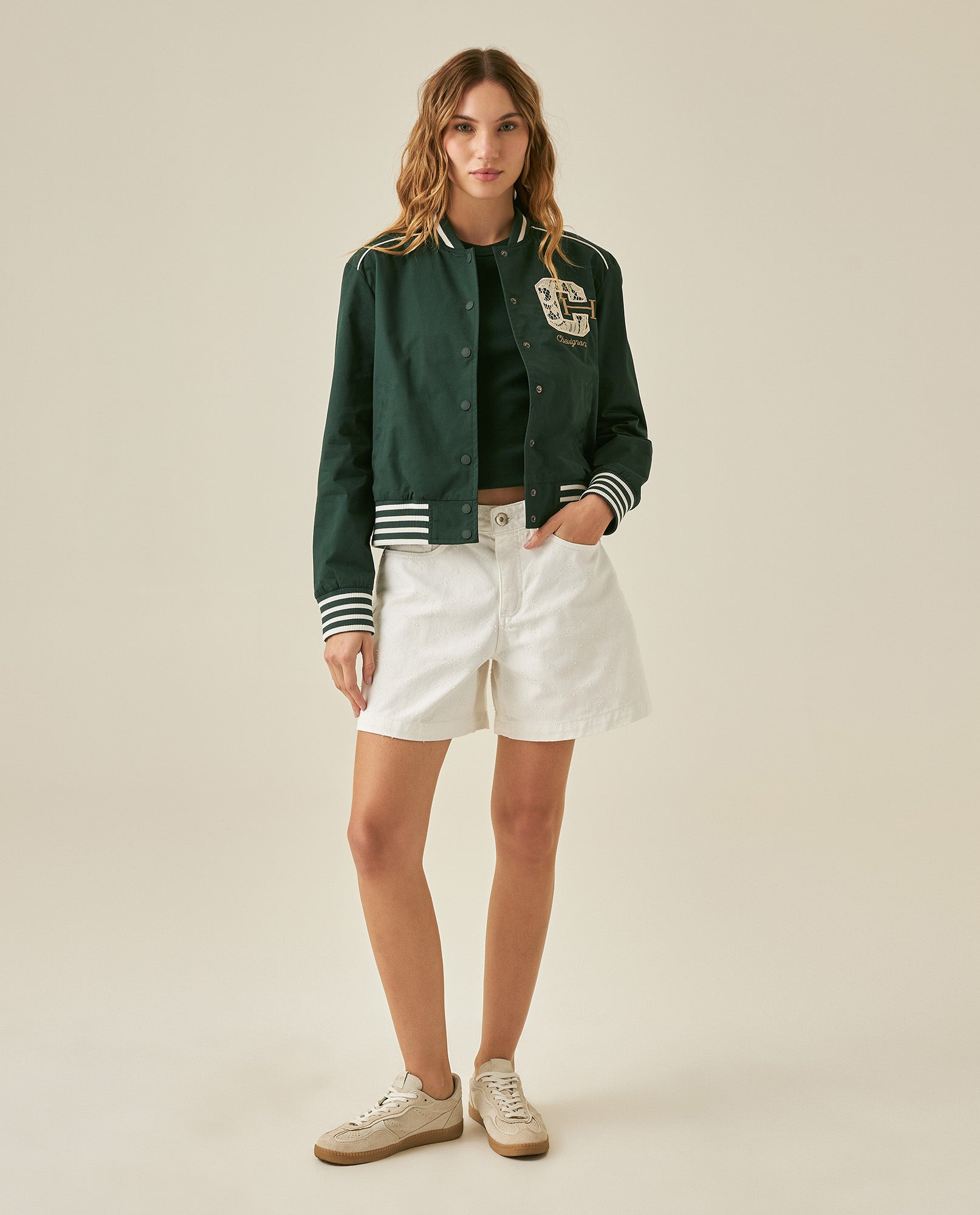 Womens Jacket Lace Embroidery Preppy Look Cotton - Dark Green 63_721H004_VER195406_4