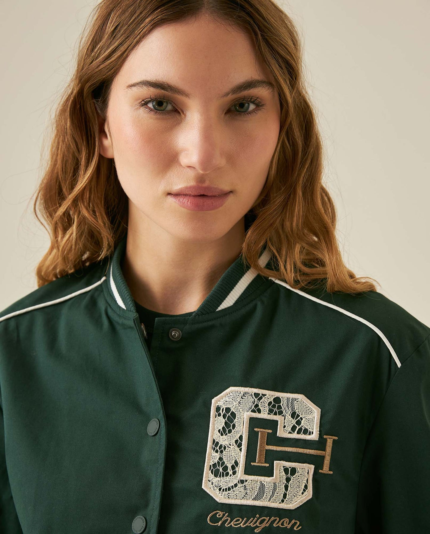 Womens Jacket Lace Embroidery Preppy Look Cotton - Dark Green 63_721H004_VER195406_5