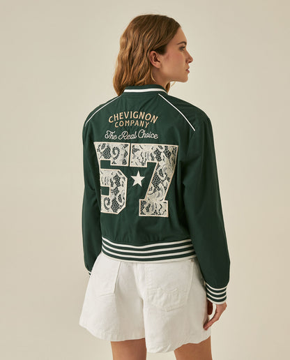 Womens Jacket Lace Embroidery Preppy Look Cotton - Dark Green 63_721H004_VER195406_6