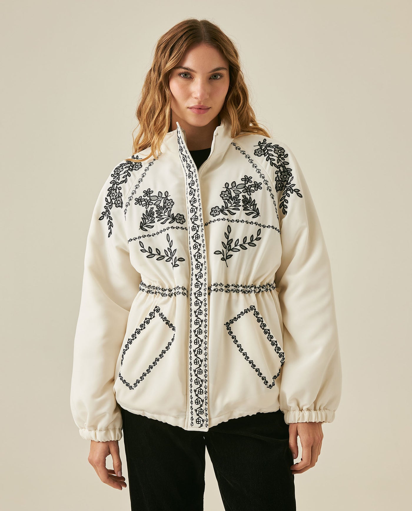 Womens Jacket Parka Style Quilted Polyester Raw Ivory Embroidery - Raw 63_721H006_CRU110103_0