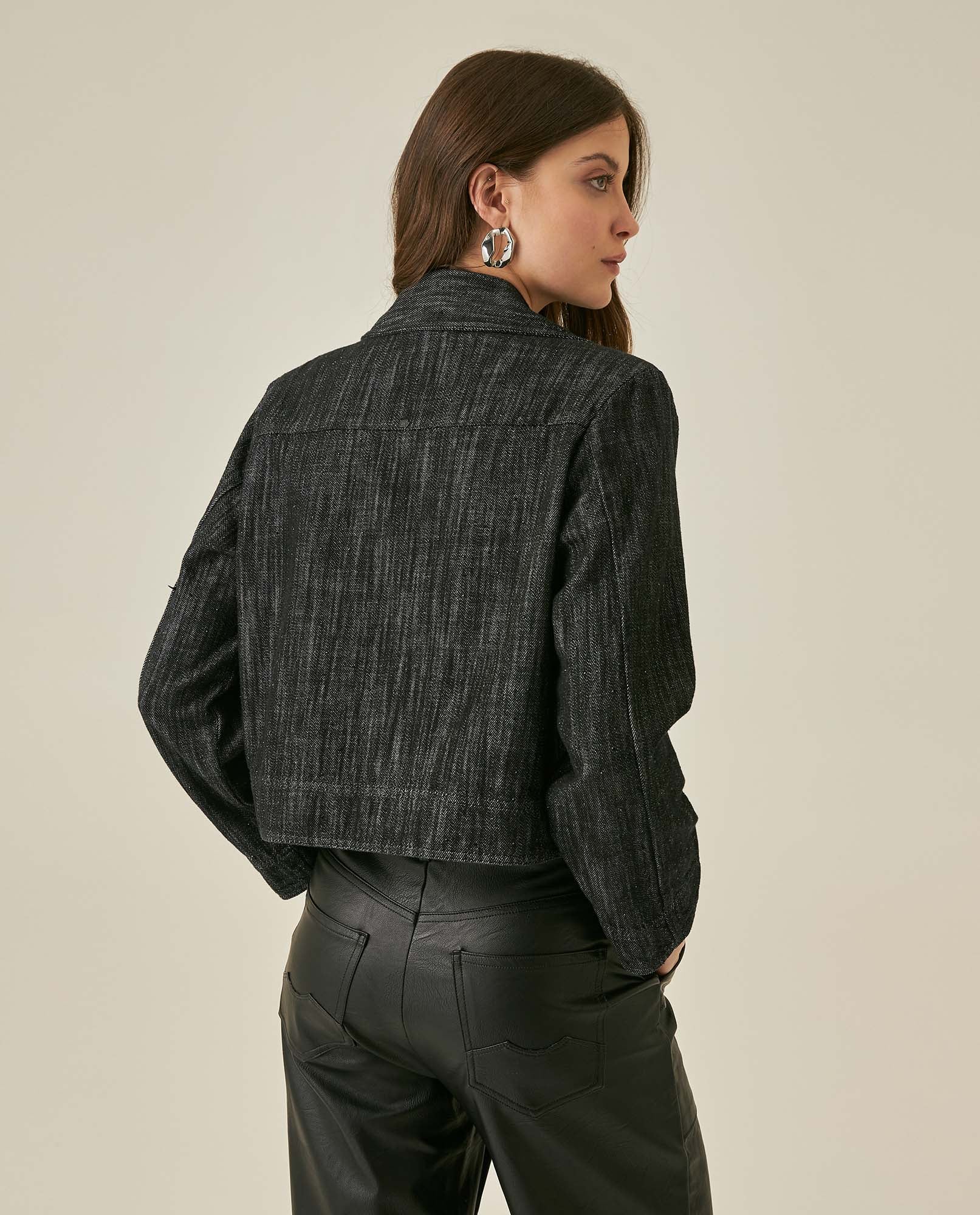 Womens Jacket Blazer Crop Style Cotton Denim Lightweight - Black 63_721H007_NEG194004_6
