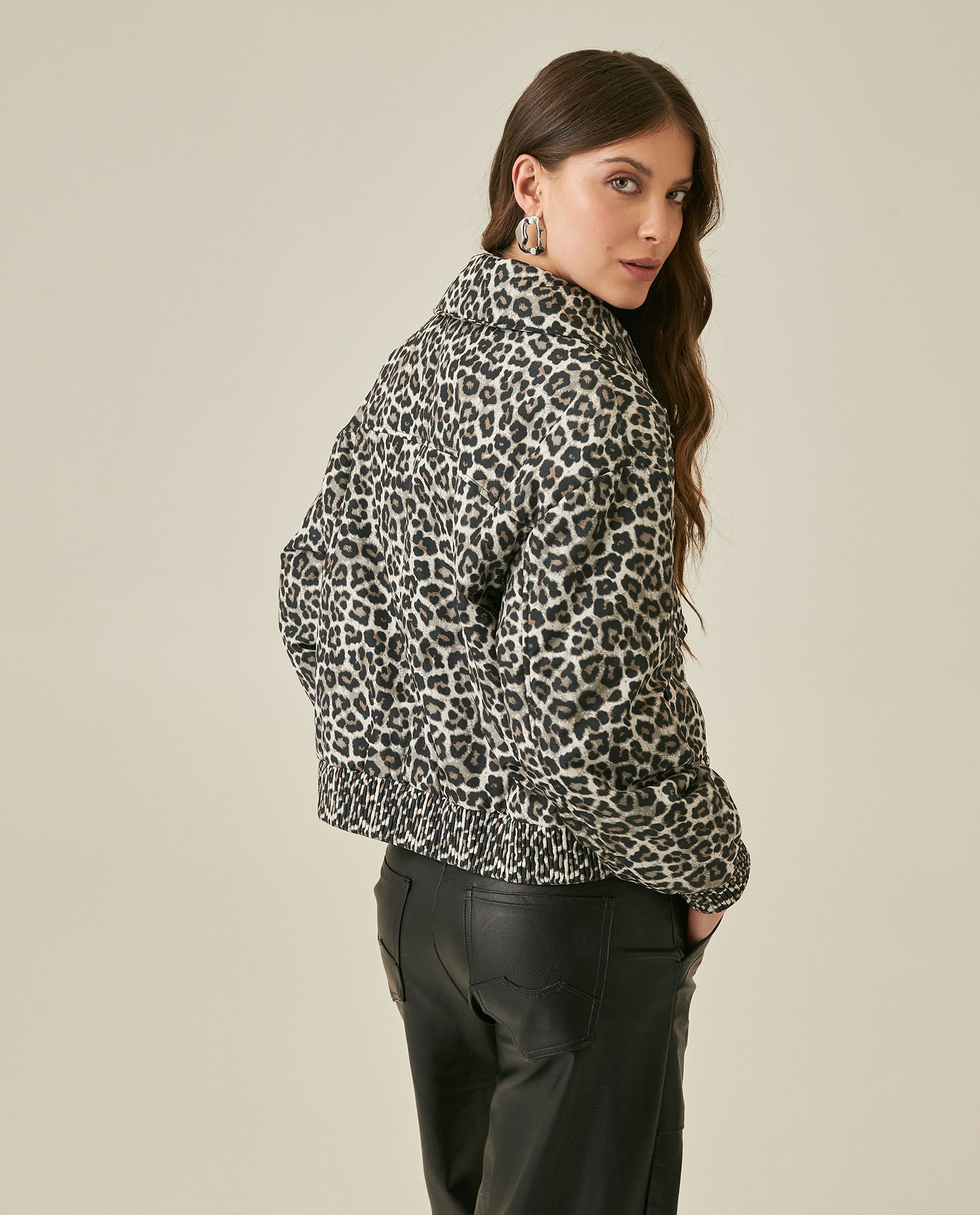 Womens Jacket Bomber Animal Print Polyester Quilted Shirt Collar - Brown 63_721H008_CAF181314_6