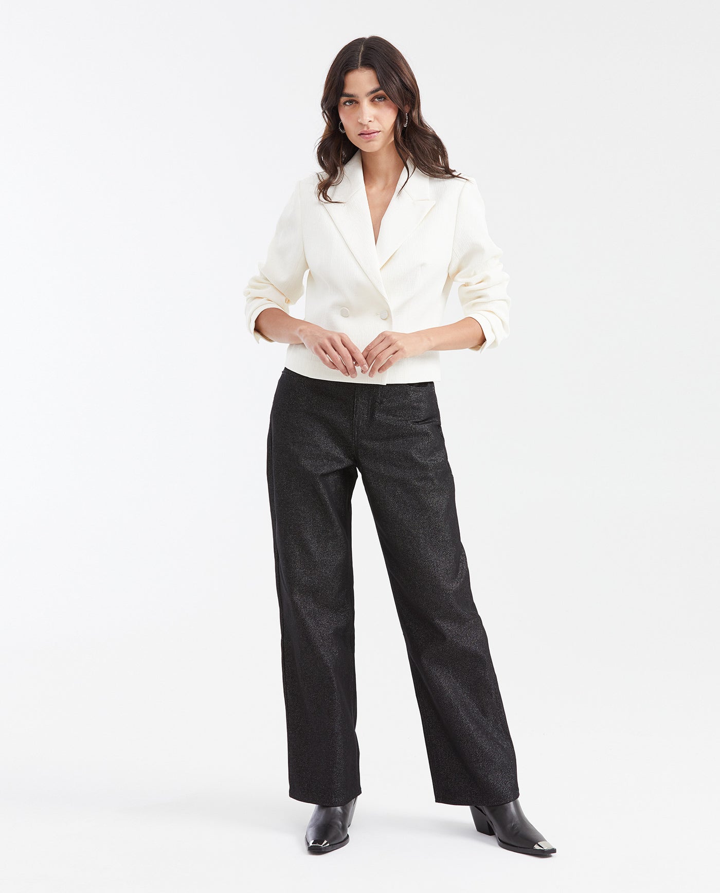 Women's Semi-Fitted Cropped Blazer with Corrugated Texture in Polyester-Elastane - 2