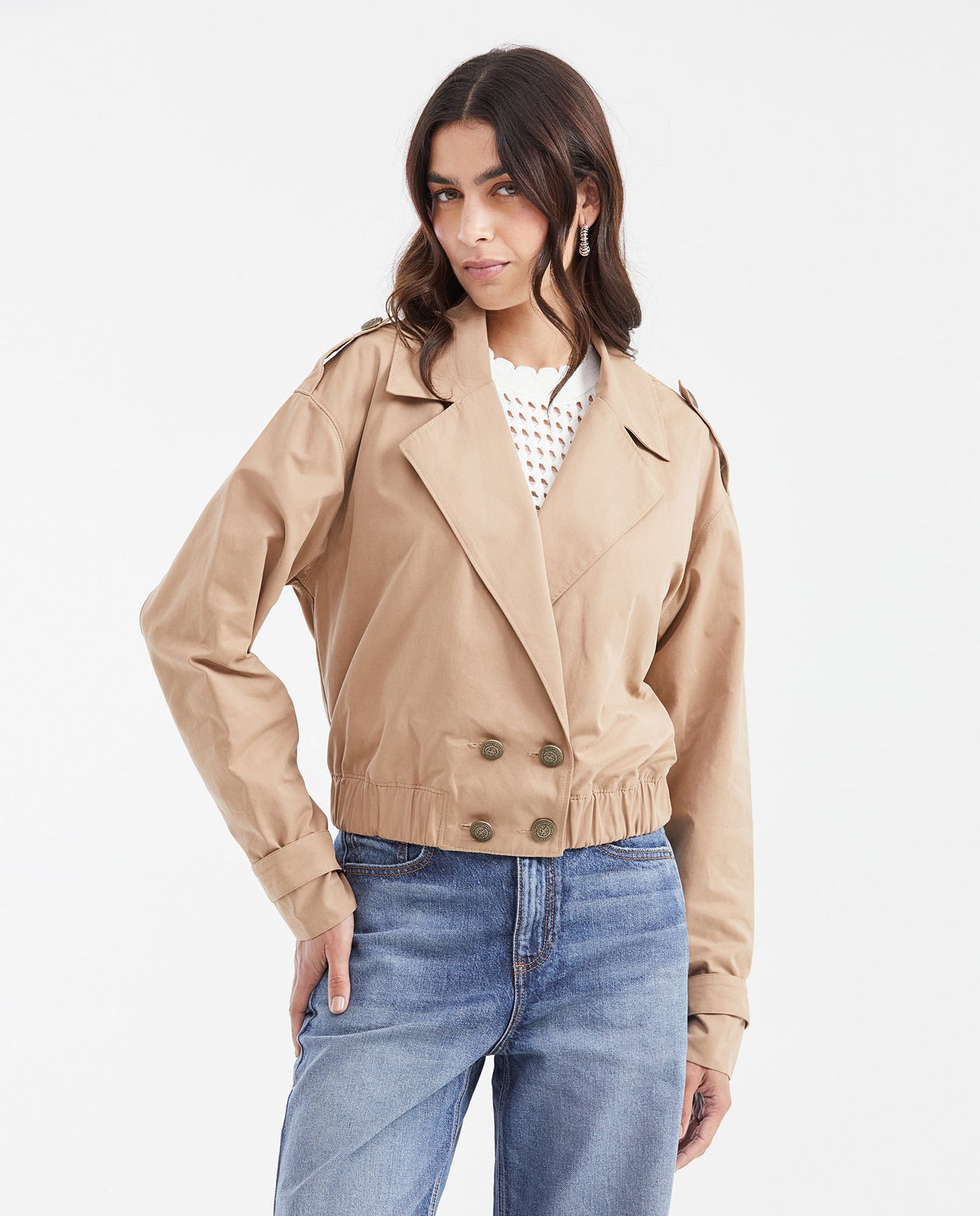 Women's Cropped Trench Jacket with Peach Touch in Polyester-Polyamide-Cotton - 1