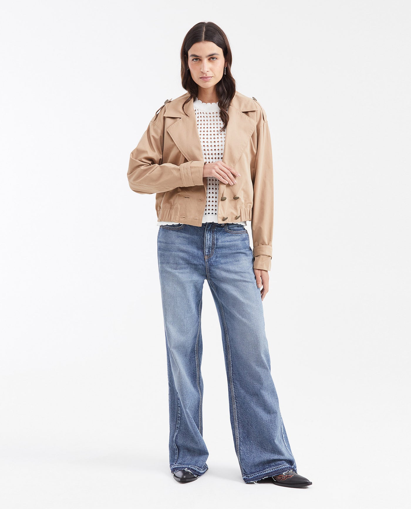 Women's Cropped Trench Jacket with Peach Touch in Polyester-Polyamide-Cotton - 2