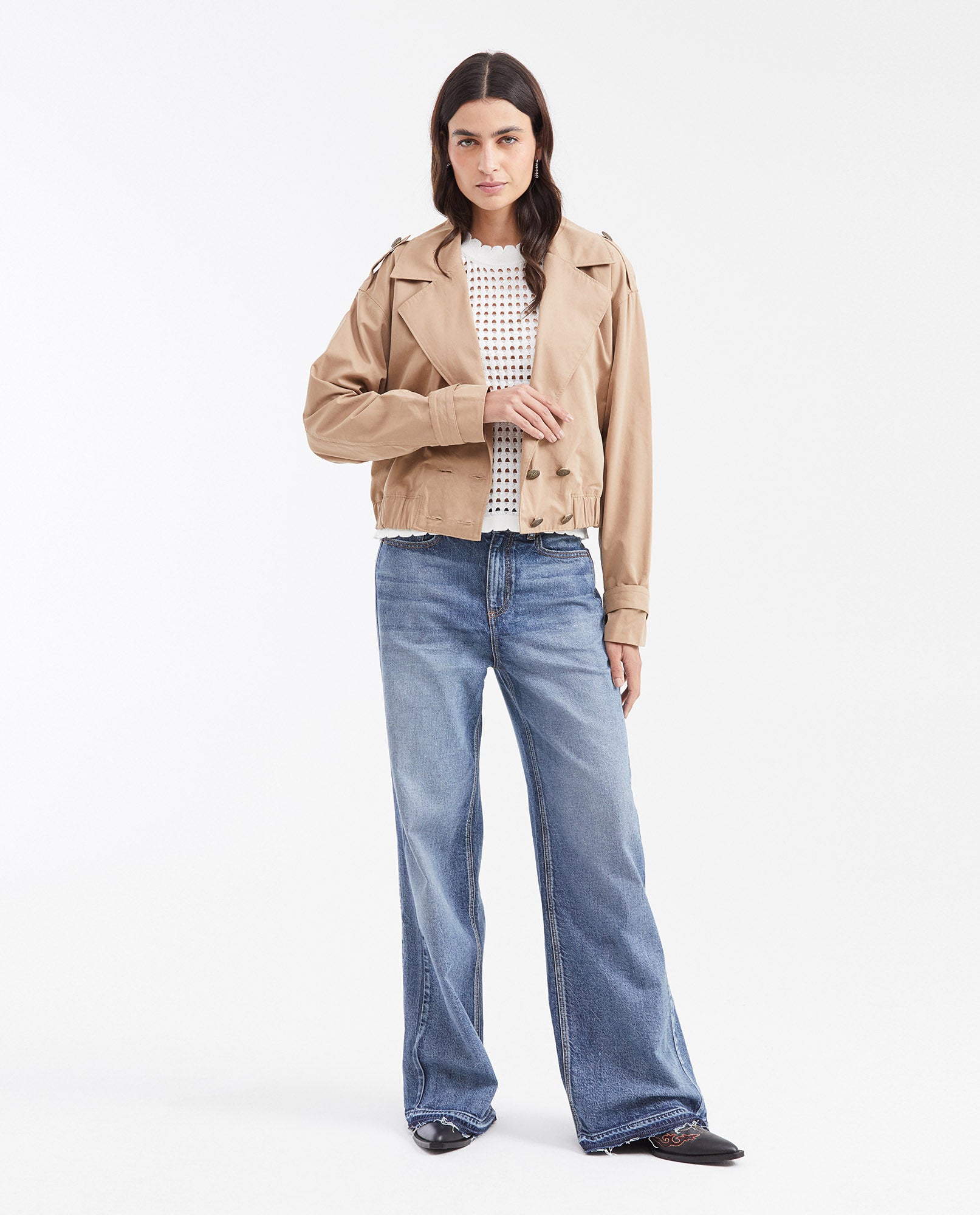Women's Cropped Trench Jacket with Peach Touch in Polyester-Polyamide-Cotton - 2