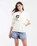Women's Varsity Bomber Jacket with Velveteen Floral Appliqués in Cotton - 1