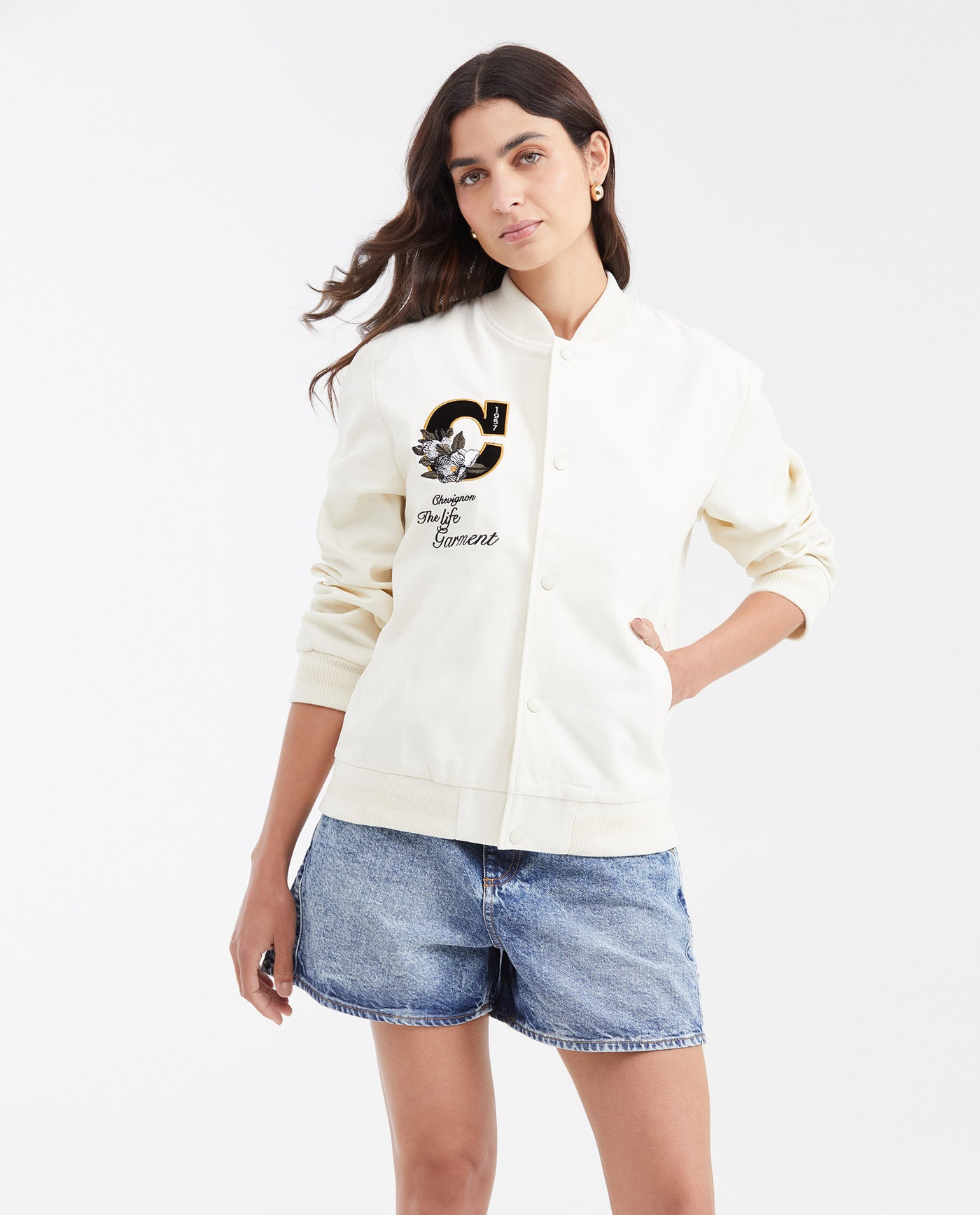 Women's Varsity Bomber Jacket with Velveteen Floral Appliqués in Cotton - 1
